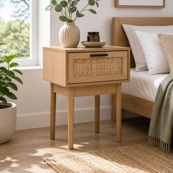 Light Wood Tone Rattan Drawer Nightstand
