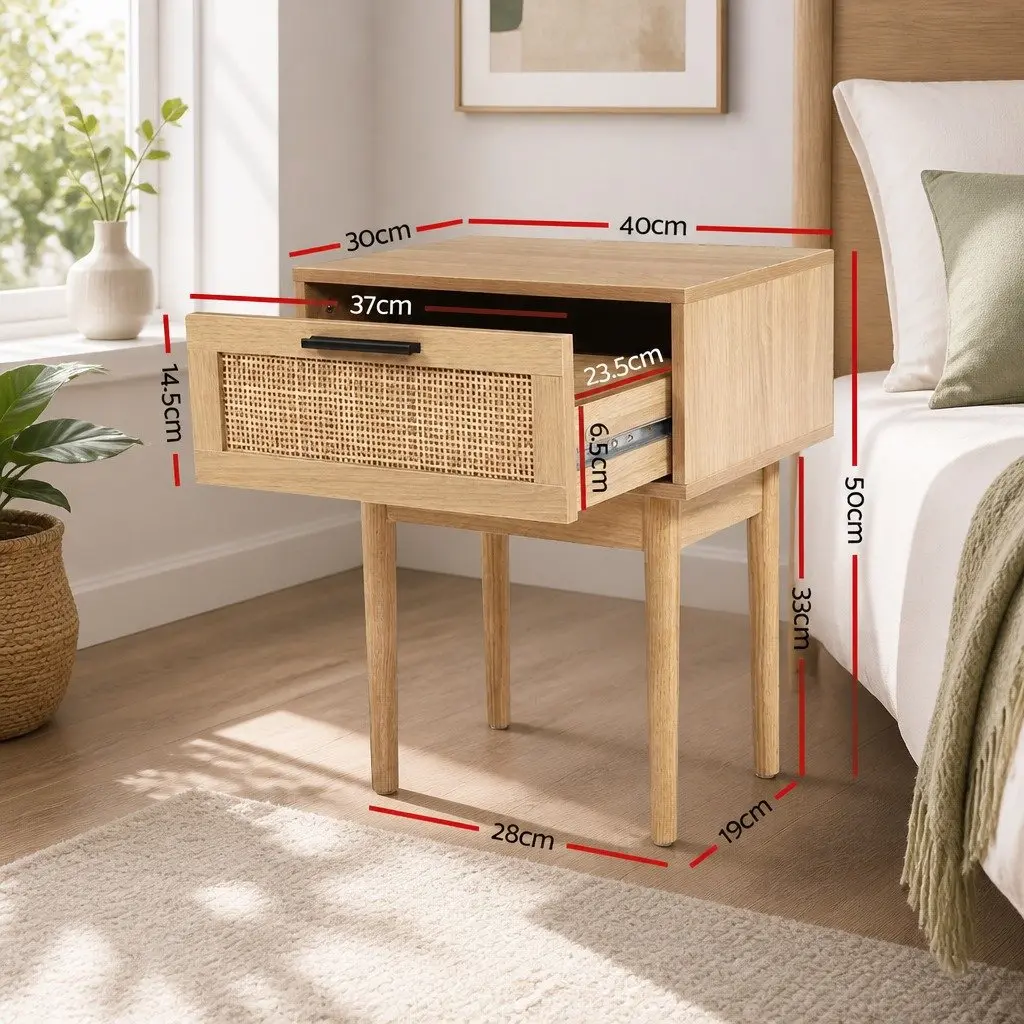 Bedside Table Rattan Drawer Light Wood Tone Storage Particle Board