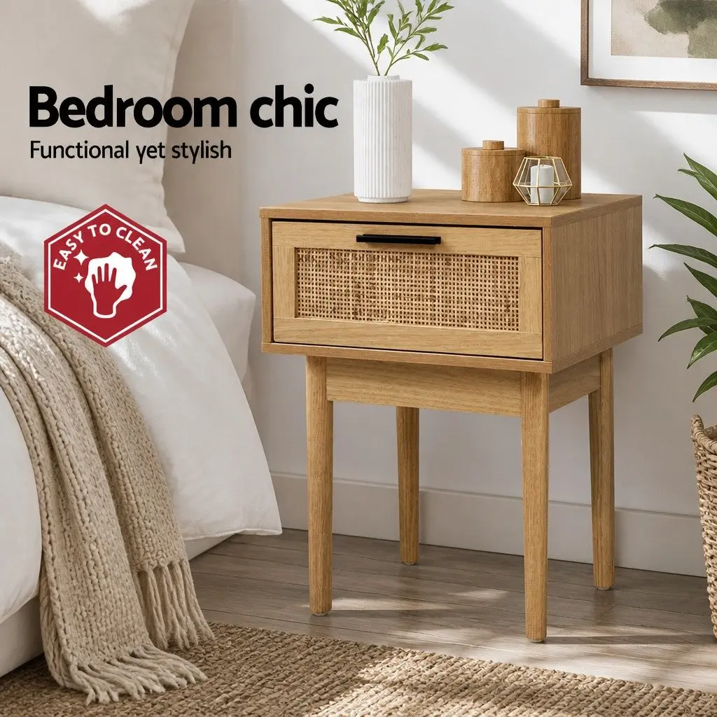 Bedside Table Rattan Drawer Light Wood Tone Storage Particle Board