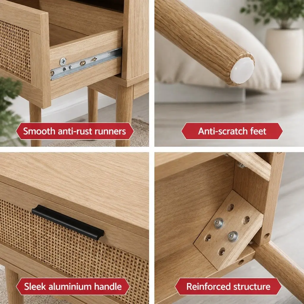 Bedside Table Rattan Drawer Light Wood Tone Storage Particle Board
