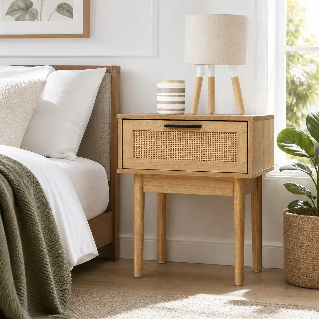 Bedside Table Rattan Drawer Light Wood Tone Storage Particle Board