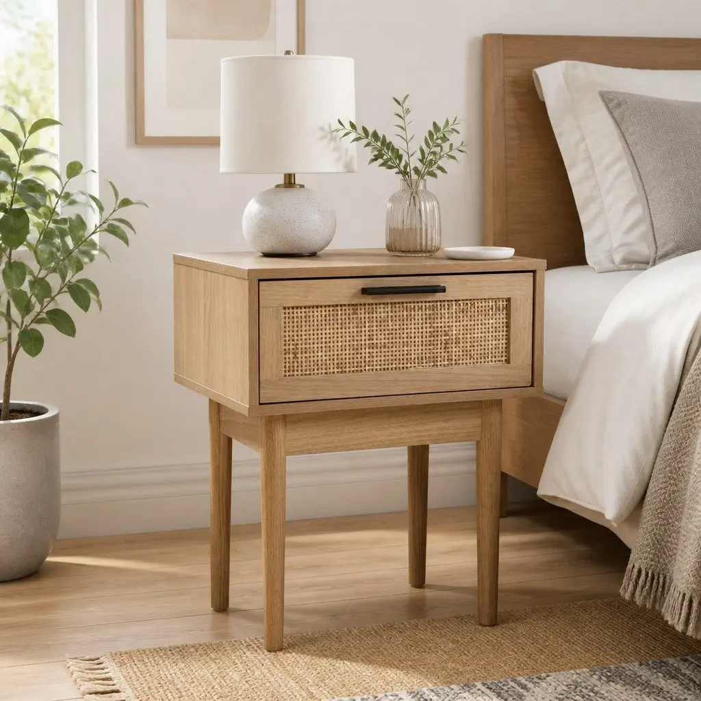 Bedside Table Rattan Drawer Light Wood Tone Storage Particle Board