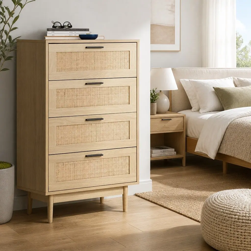 4 Drawer Tallboy Chest Storage Bedroom Furniture Rattan Pine Wood Design