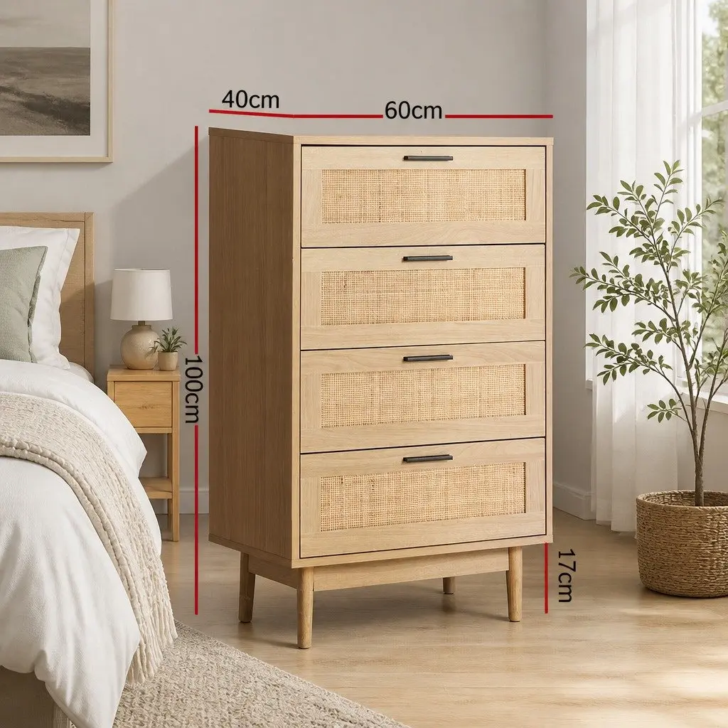 4 Drawer Tallboy Chest Storage Bedroom Furniture Rattan Pine Wood Design