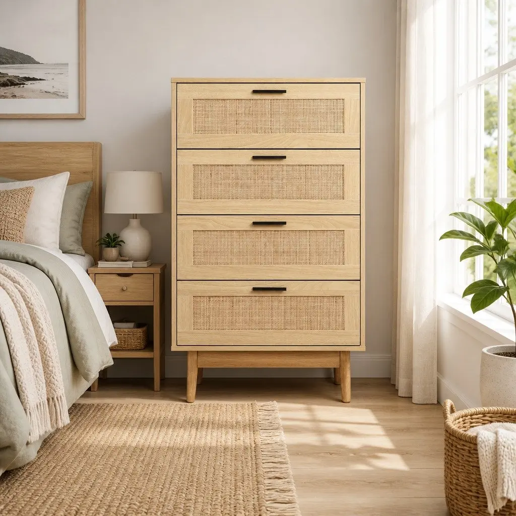 4 Drawer Tallboy Chest Storage Bedroom Furniture Rattan Pine Wood Design
