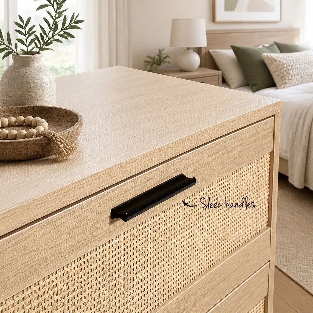 4 Drawer Tallboy Chest Storage Bedroom Furniture Rattan Pine Wood Design
