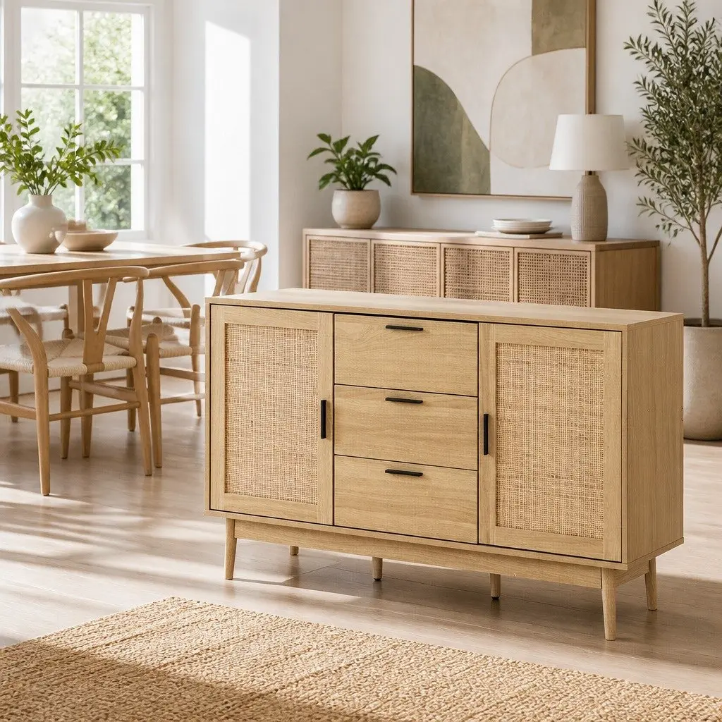 Rattan Buffet Sideboard Storage Cabinet with Adjustable Shelves