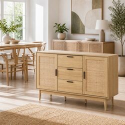 Rattan Buffet Sideboard Storage Cabinet with Adjustable Shelves