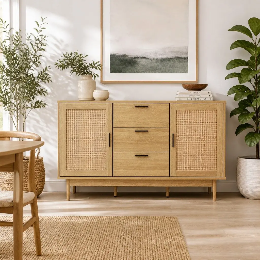 Rattan Buffet Sideboard Storage Cabinet with Adjustable Shelves
