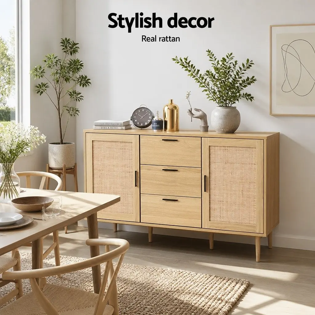 Rattan Buffet Sideboard Storage Cabinet with Adjustable Shelves