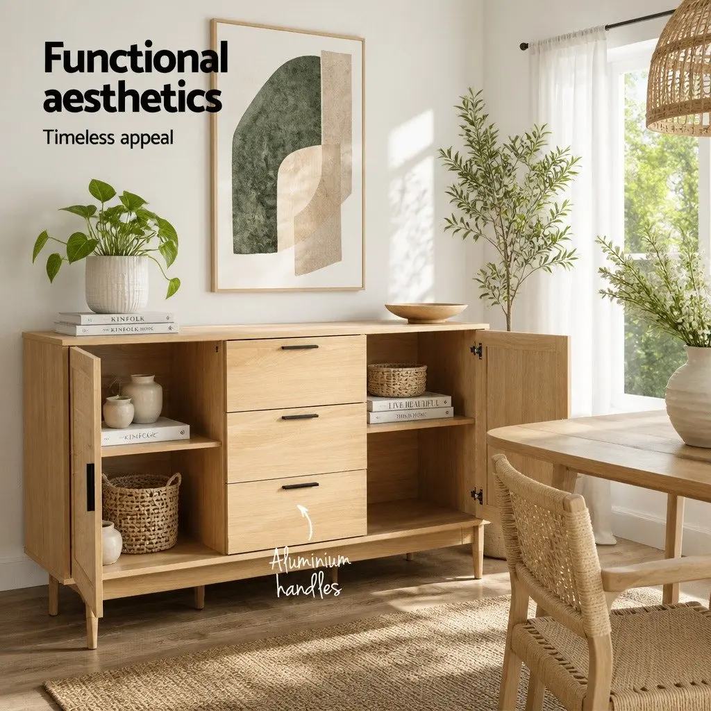 Rattan Buffet Sideboard Storage Cabinet with Adjustable Shelves