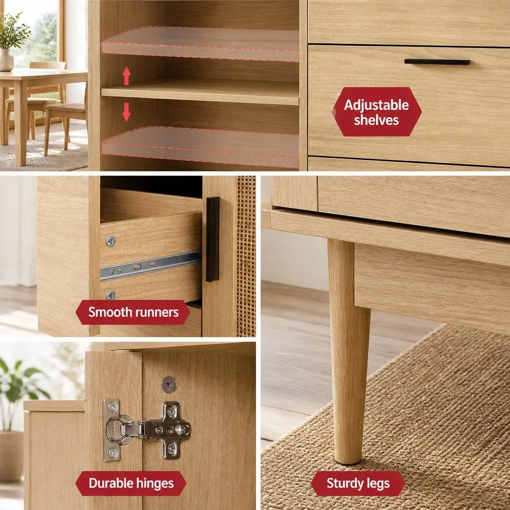Rattan Buffet Sideboard Storage Cabinet with Adjustable Shelves