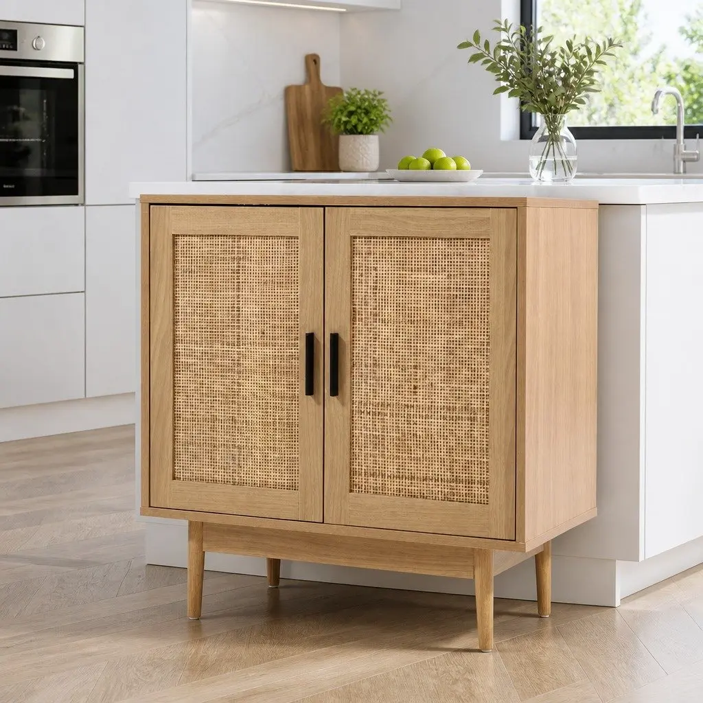 Rattan Buffet Sideboard 2 Doors Light Wood Dining Kitchen Storage Cabinet