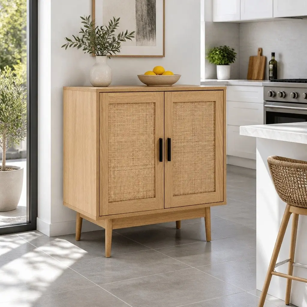 Rattan Buffet Sideboard 2 Doors Light Wood Dining Kitchen Storage Cabinet