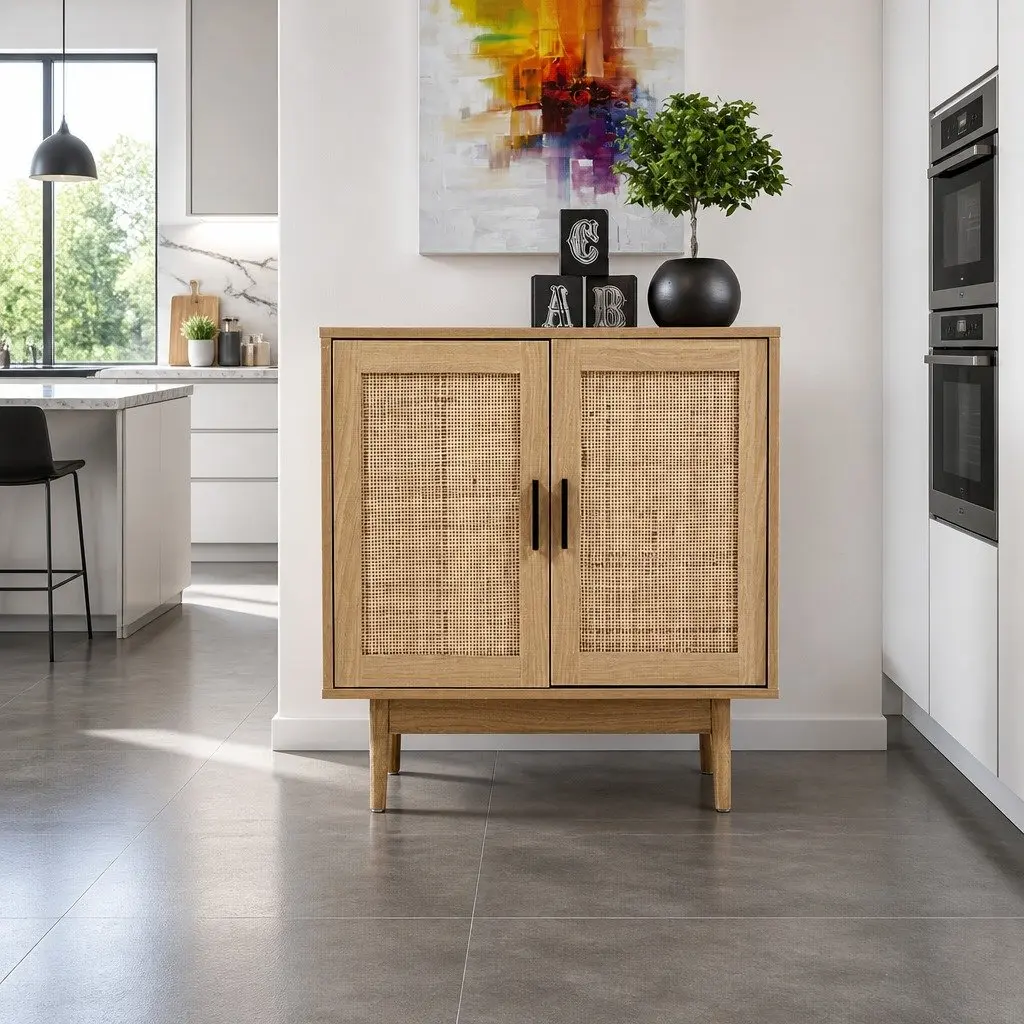 Rattan Buffet Sideboard 2 Doors Light Wood Dining Kitchen Storage Cabinet