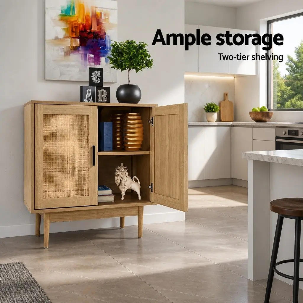Rattan Buffet Sideboard 2 Doors Light Wood Dining Kitchen Storage Cabinet