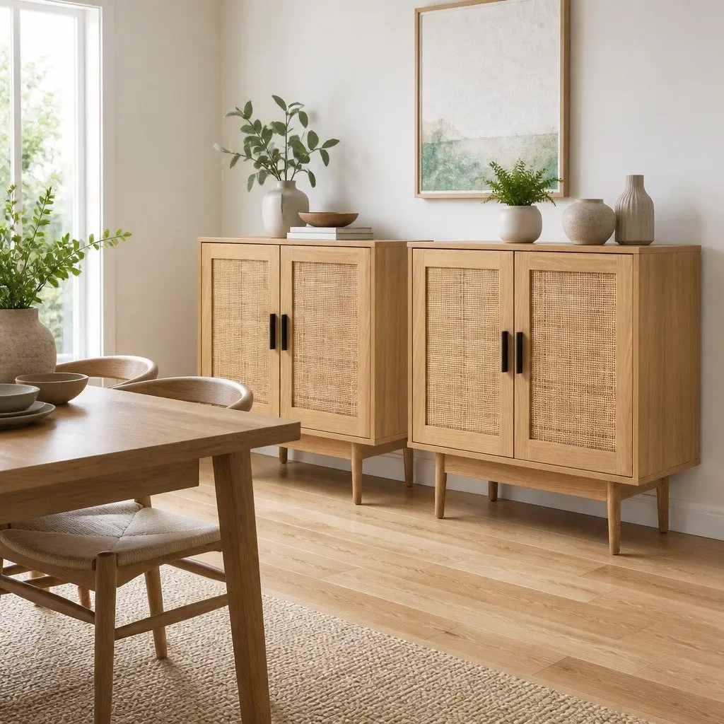 Buffet Sideboard Cabinet 2 Doors Storage Cupboard Rattan Kitchen Dining Room