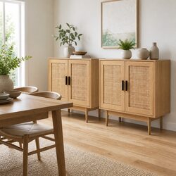 Buffet Sideboard Cabinet 2 Doors Storage Cupboard Rattan Kitchen Dining Room