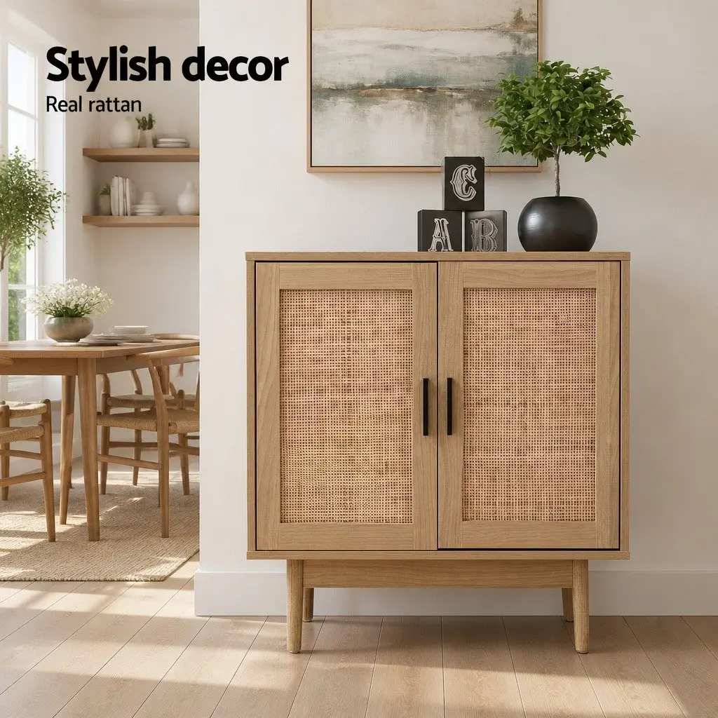 Buffet Sideboard Cabinet 2 Doors Storage Cupboard Rattan Kitchen Dining Room