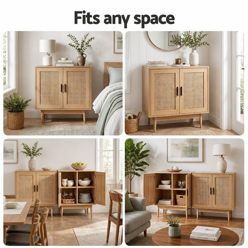 Buffet Sideboard Cabinet 2 Doors Storage Cupboard Rattan Kitchen Dining Room