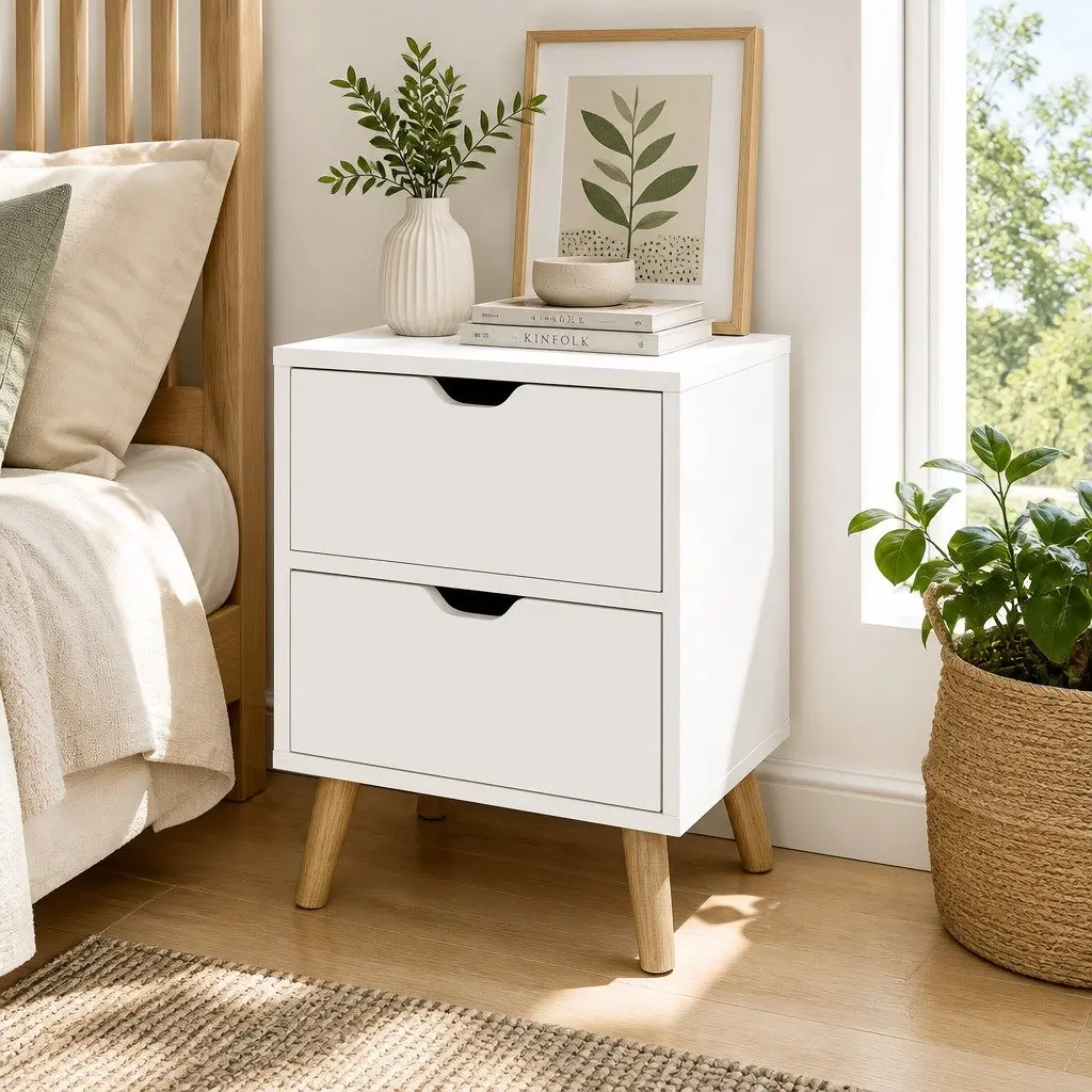 Bedside Table 2 Drawers Scandinavian Design Splayed Legs Storage White