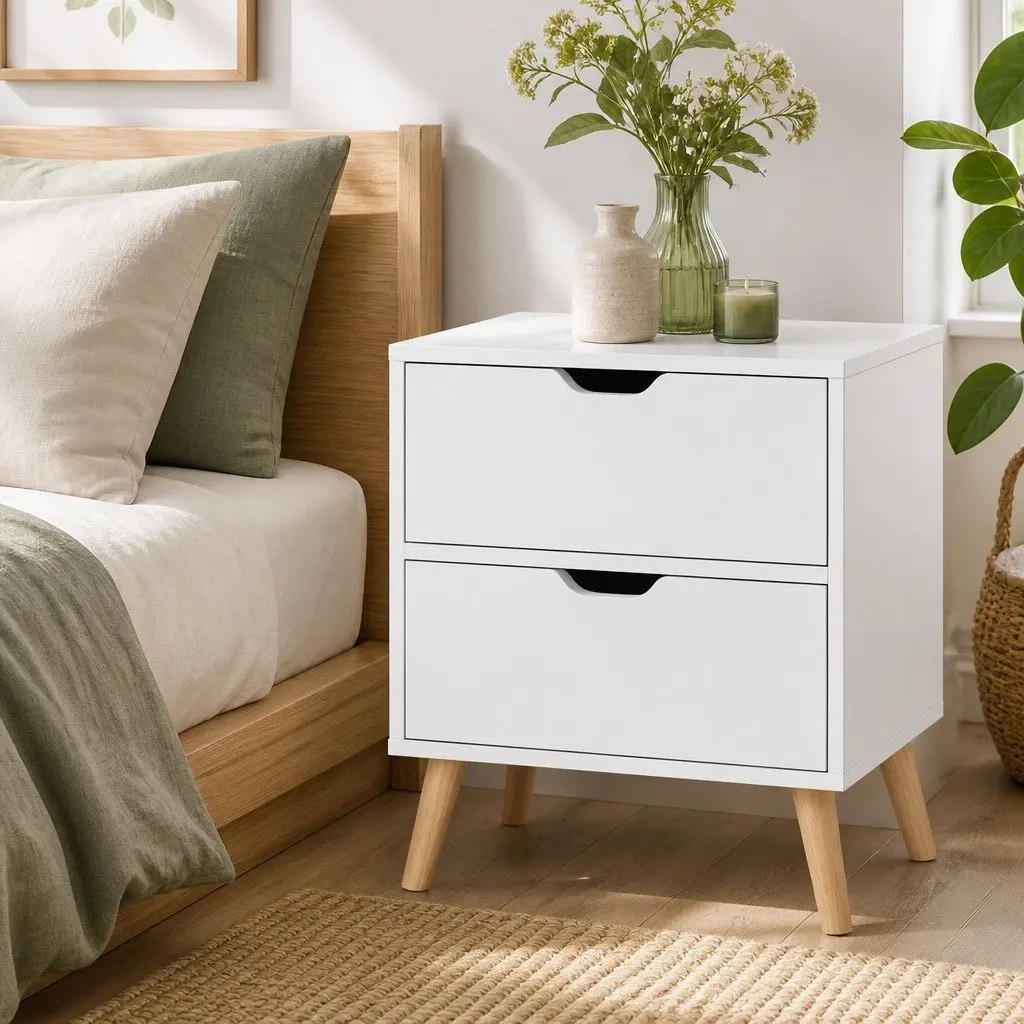 Bedside Table 2 Drawers Scandinavian Design Splayed Legs Storage White