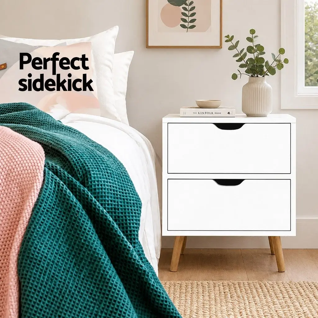 White Bedside Table with 2 Drawers