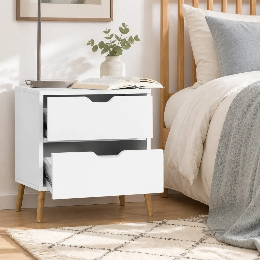 White Bedside Table with 2 Drawers