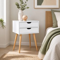 Scandinavian Style White Bedside Table with 2 Drawers