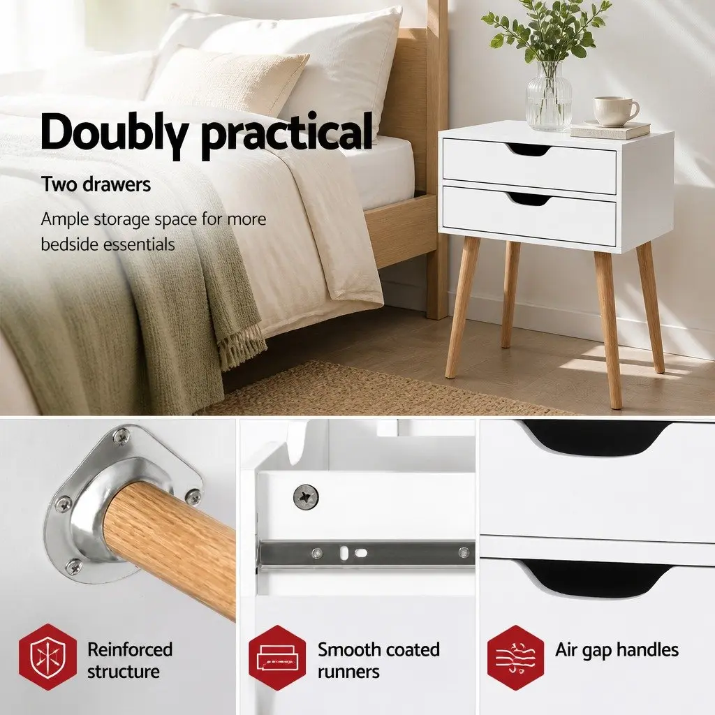 Bedside Table 2 Drawers White Scandinavian Design Bedroom Furniture Storage