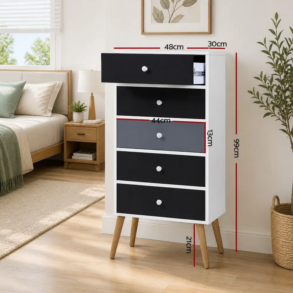 5-Drawer Chest of Drawers Scandinavian Two-Tone Tallboy Storage Cabinet Wooden Legs