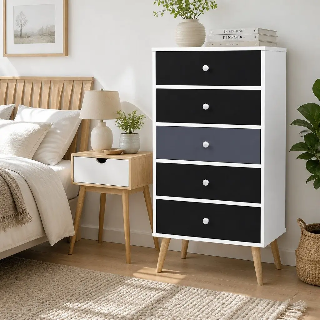 5-Drawer Chest of Drawers Scandinavian Two-Tone Tallboy Storage Cabinet Wooden Legs