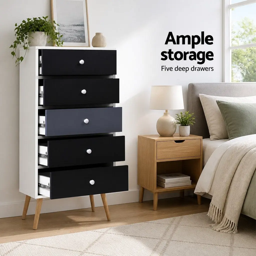 5-Drawer Chest of Drawers Scandinavian Two-Tone Tallboy Storage Cabinet Wooden Legs