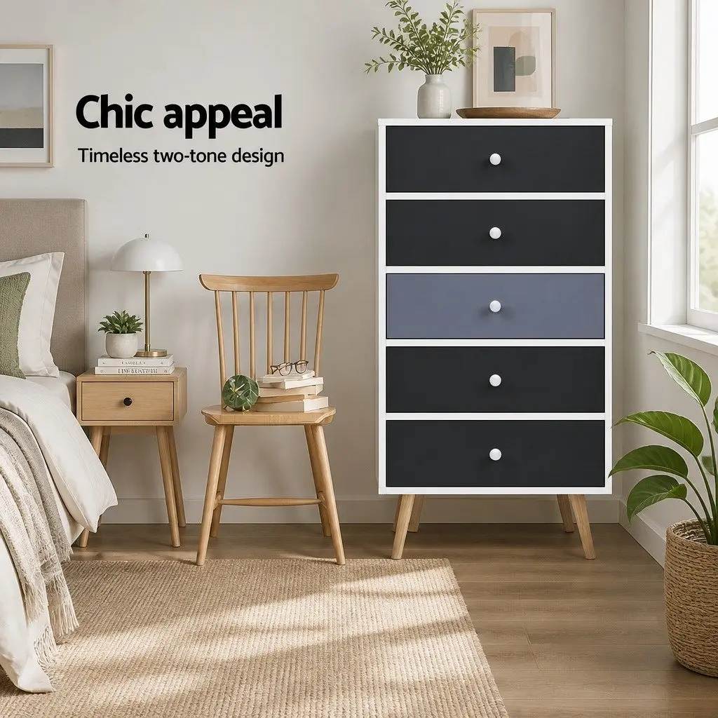5-Drawer Chest of Drawers Scandinavian Two-Tone Tallboy Storage Cabinet Wooden Legs