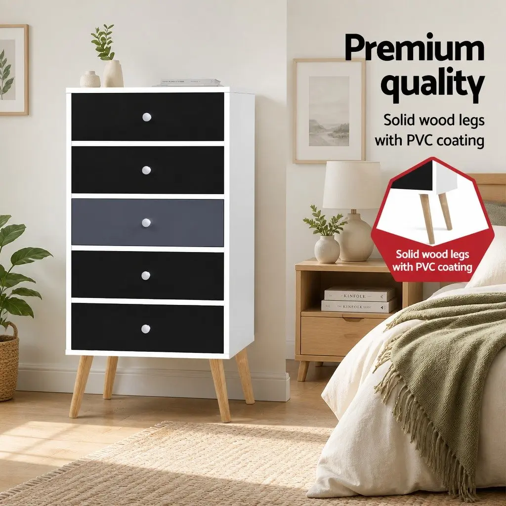 5-Drawer Chest of Drawers Scandinavian Two-Tone Tallboy Storage Cabinet Wooden Legs