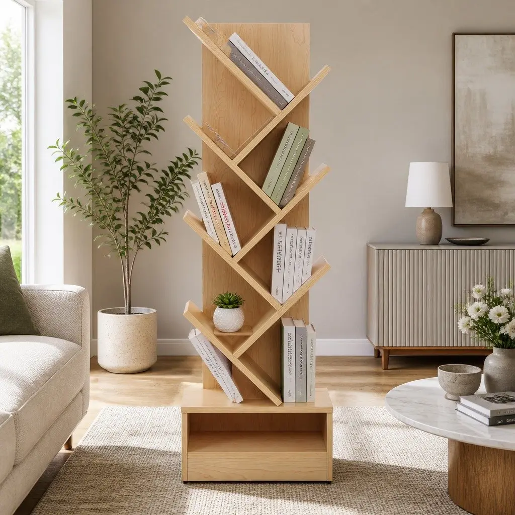 7 Tier Tree Bookshelf Natural Oak Freestanding Wall-Mounted Storage Display Unit