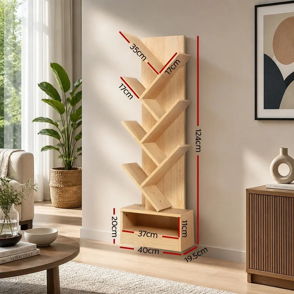 7 Tier Tree Bookshelf Natural Oak Freestanding Wall-Mounted Storage Display Unit