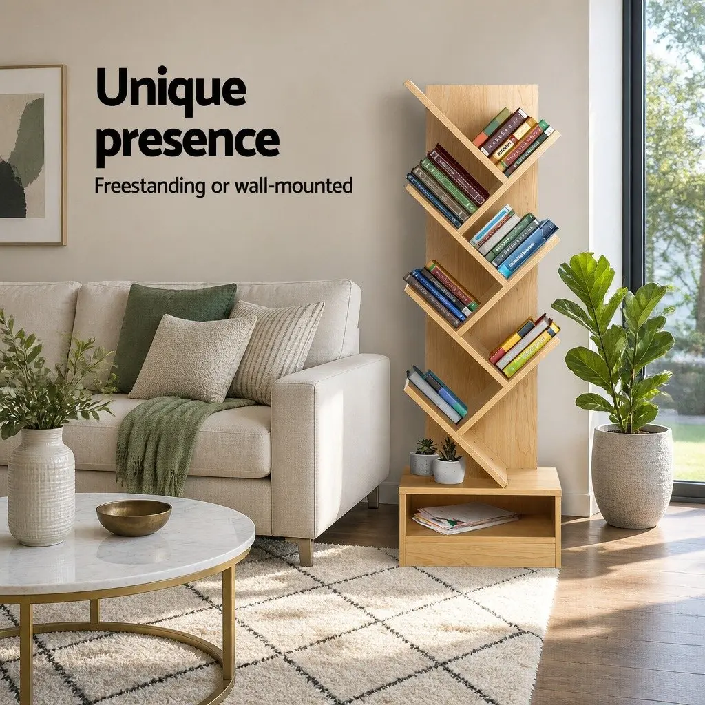 7 Tier Tree Bookshelf Natural Oak Freestanding Wall-Mounted Storage Display Unit