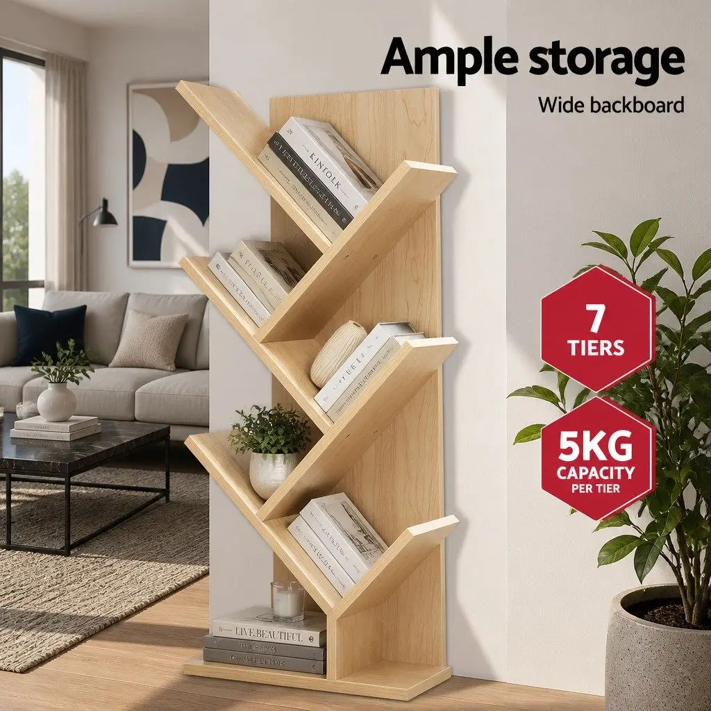 7 Tier Tree Bookshelf Natural Oak Freestanding Wall-Mounted Storage Display Unit