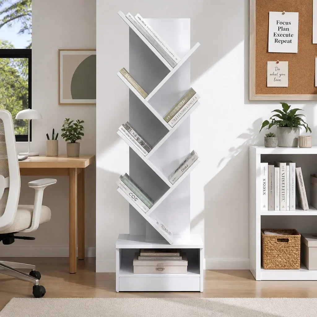 Tree Bookshelf 7 Tier White Freestanding Wall Mount Storage Display Unit Particle Board