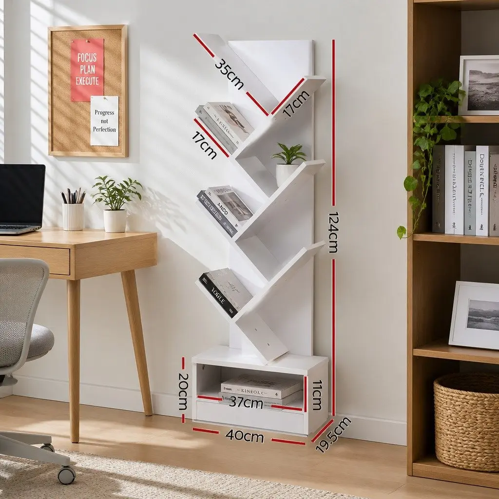 Tree Bookshelf 7 Tier White Freestanding Wall Mount Storage Display Unit Particle Board