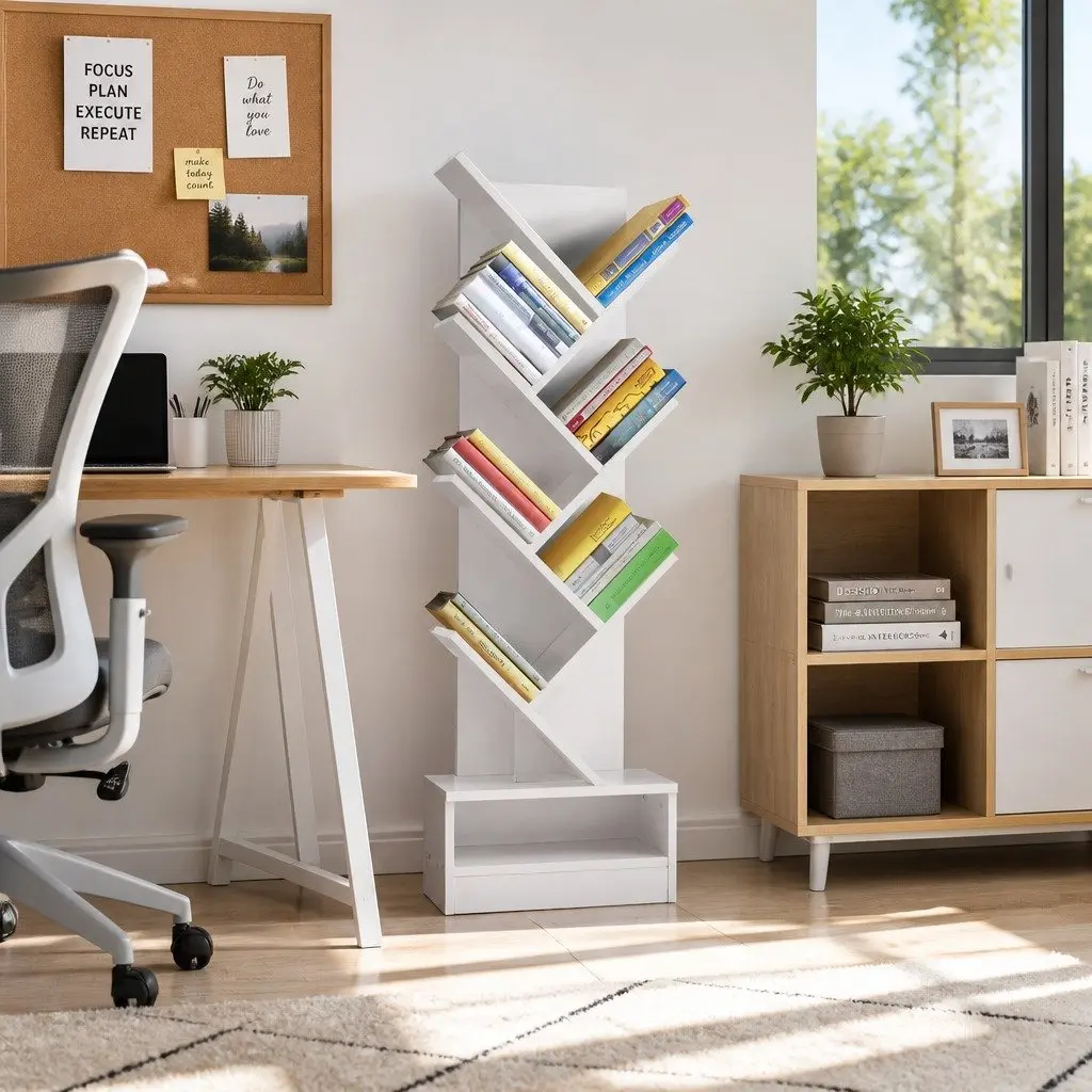Tree Bookshelf 7 Tier White Freestanding Wall Mount Storage Display Unit Particle Board