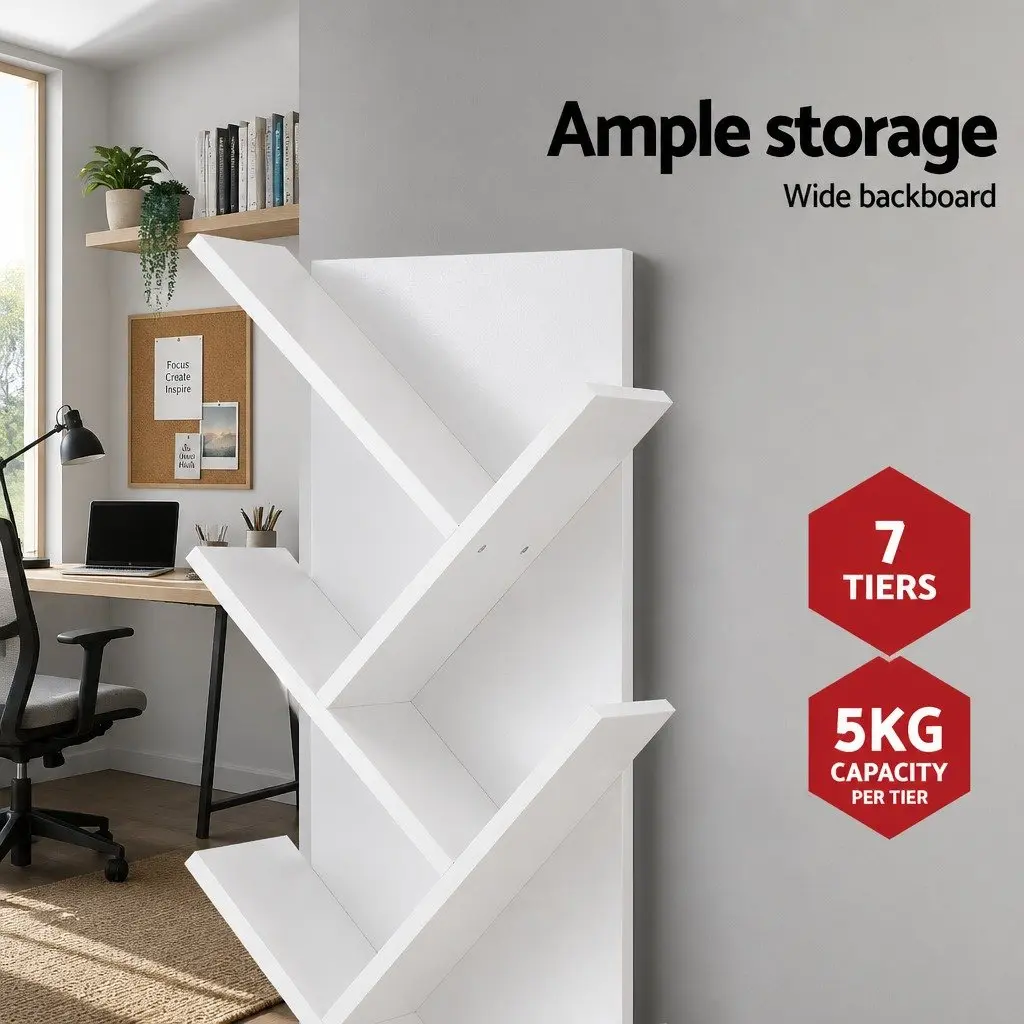 Tree Bookshelf 7 Tier White Freestanding Wall Mount Storage Display Unit Particle Board