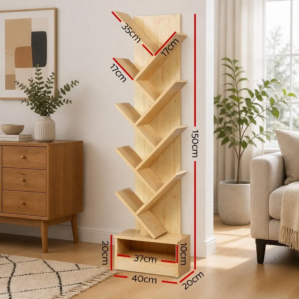 Tree Bookshelf 9 Tier Natural Particle Board Freestanding Wall Mount Storage Display Organizer