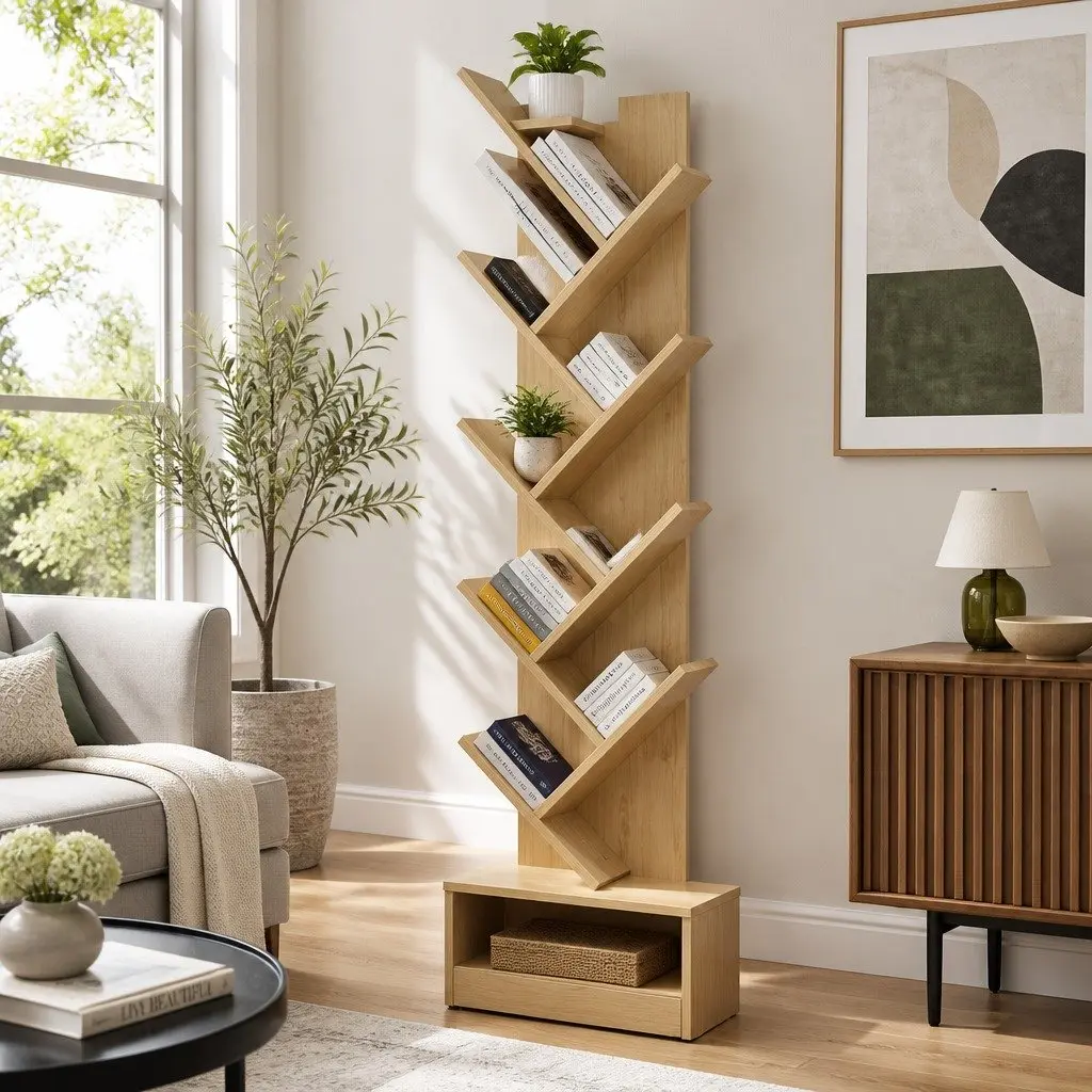 Tree Bookshelf 9 Tier Natural Particle Board Freestanding Wall Mount Storage Display Organizer