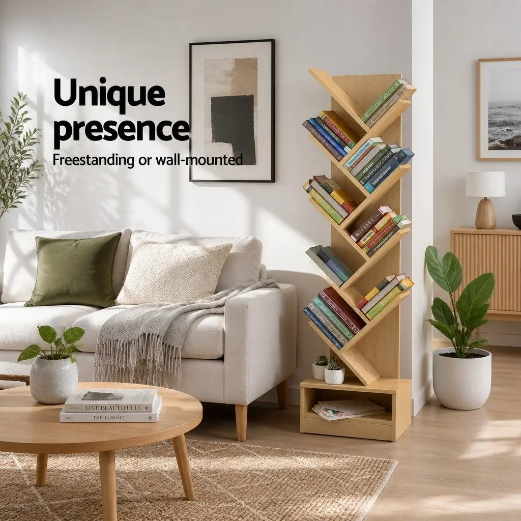 Tree Bookshelf 9 Tier Natural Particle Board Freestanding Wall Mount Storage Display Organizer