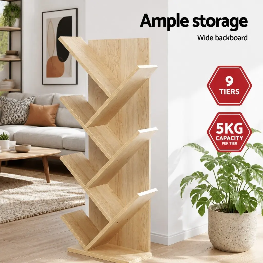 Tree Bookshelf 9 Tier Natural Particle Board Freestanding Wall Mount Storage Display Organizer