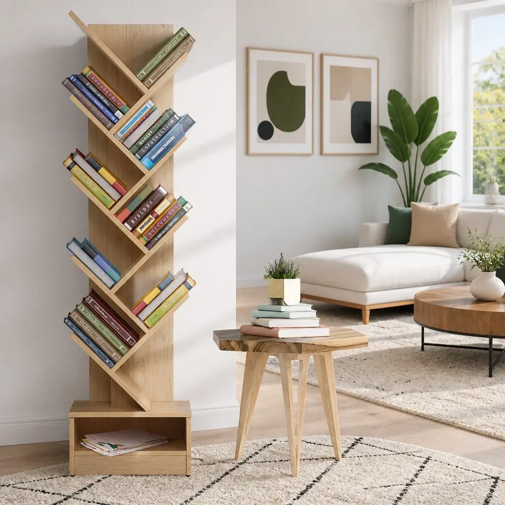 Tree Bookshelf 9 Tier Natural Particle Board Freestanding Wall Mount Storage Display Organizer