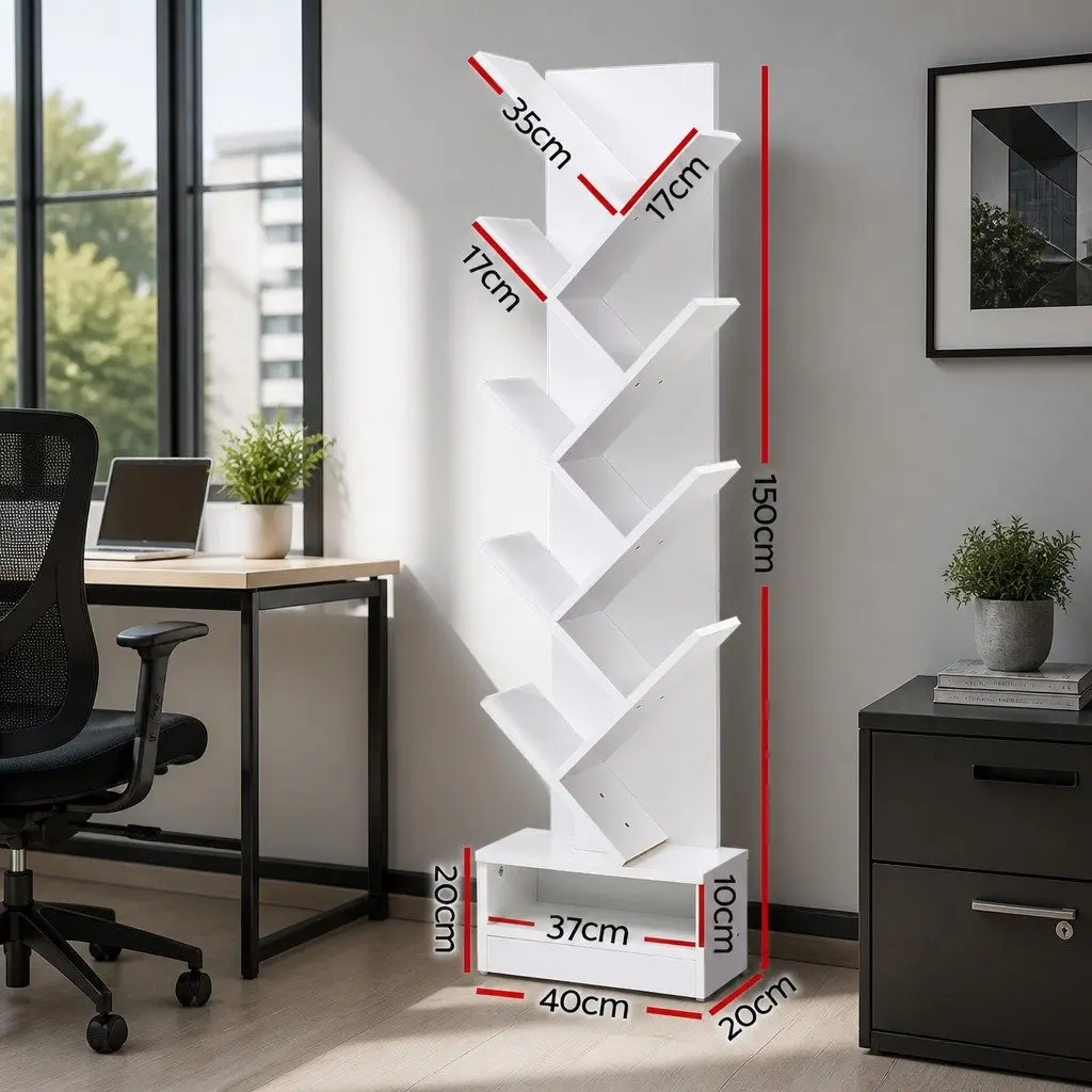 Tree Bookshelf 9 Tier White Storage Display Shelves Freestanding or Wall Mount Particle Board