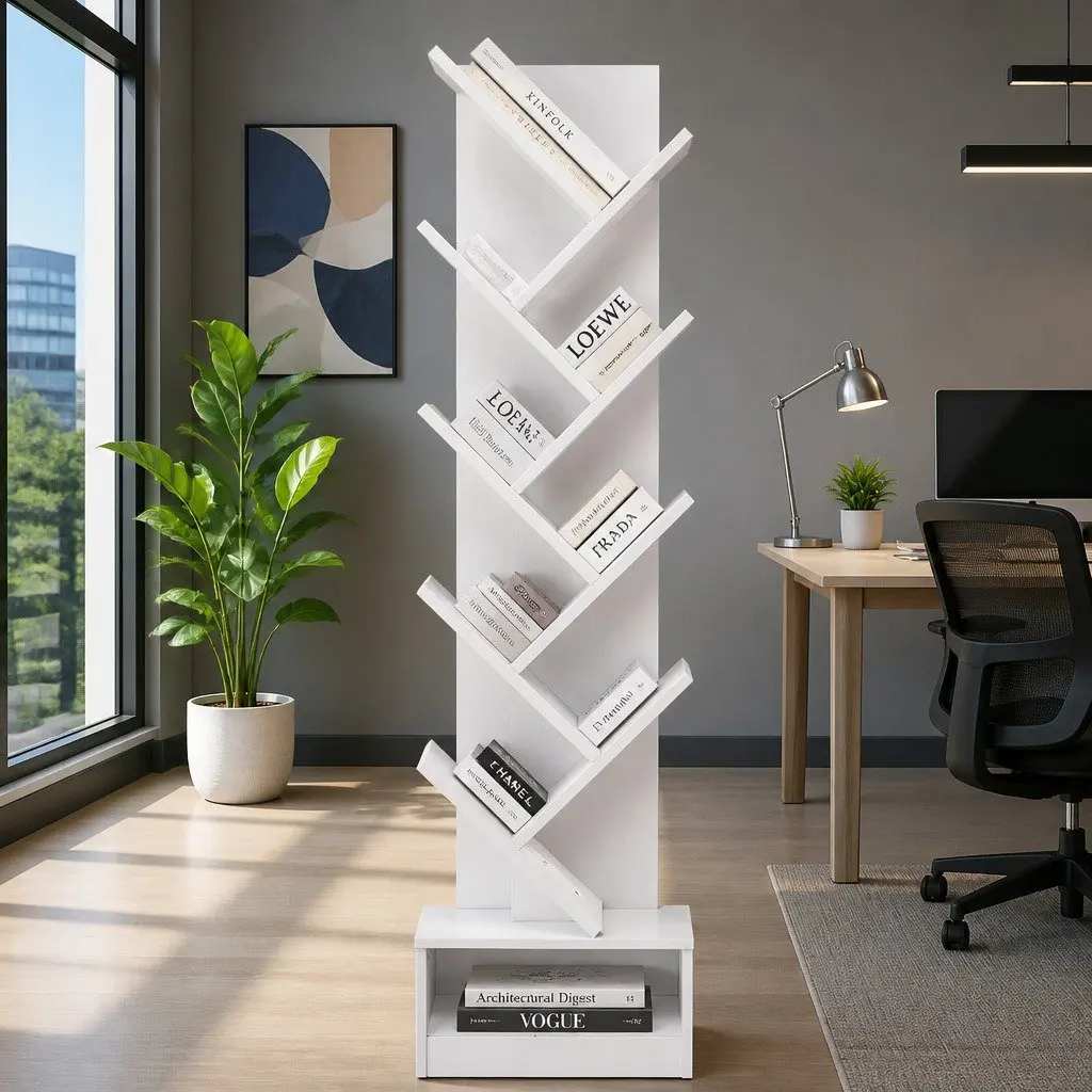 Tree Bookshelf 9 Tier White Storage Display Shelves Freestanding or Wall Mount Particle Board